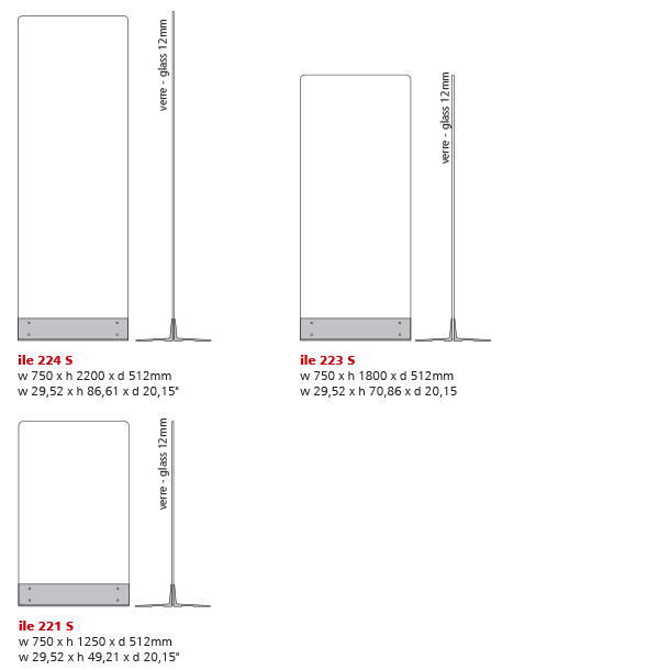 totems signalétiques autoportants en verre trempé et aluminium, ile 221 S, ile 223 S, île 224 S || ile© marcal